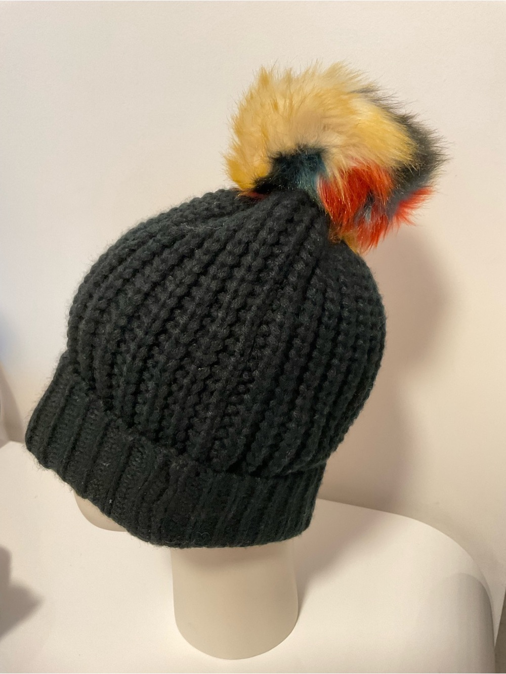 Women’s Black Knit Pom Beanie with Multicolor Faux Fur Pom